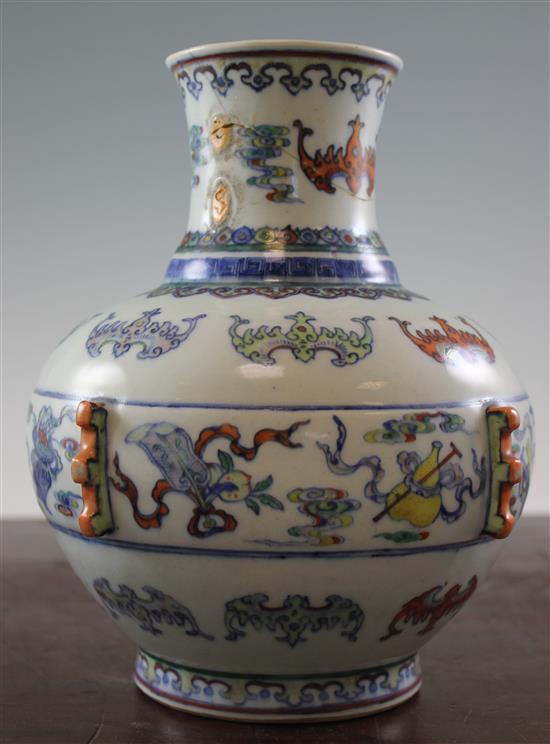 A Chinese doucai vase, 18th century, 23.5cm, handles ground off, repairs